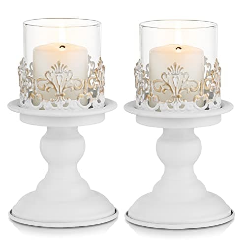 Image of Sziqiqi White Candle Holder for Pillar Candle - Distressed Candlestick Holder Metal Hurricane Candle Holders for Birthday Easter Wedding Engagement Baby Shower Christmas Table Centrepieces Decoration