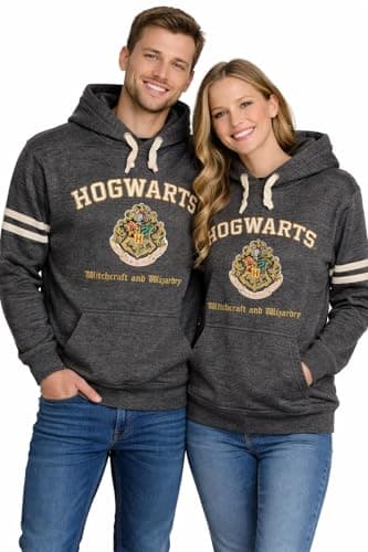 Image of Harry Potter House Hoodie – Official Hogwarts Crest Pullover Sweatshirt with Drawstring Hood (XS–XL) (UK, Alpha, L, Regular, Regular, Charcoal/White)