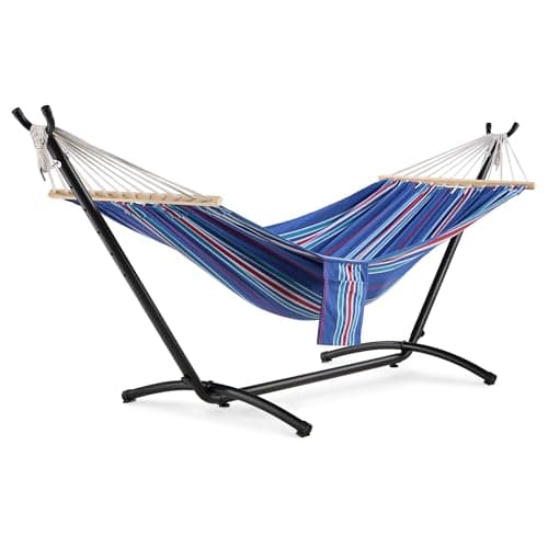 Image of VonHaus Hammock with Stand - Freestanding 1 Person Striped Hammock Seat with Steel Frame - Polycotton Material & Adjustable Frame for Garden - Travel Bag for Beach, Camping & Outdoors - Blue Stripe