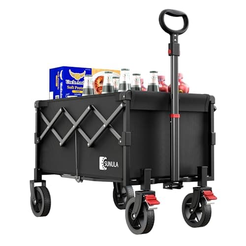 Image of Sunula 220LBS Folding Camping Trolley, Heavy Duty 120L Large Capacity Garden Wagon Cart with All-Terrain Wheels, Lightweight Outdoor Utility Foldable Festival Trolley for Grocery, Shopping, Black