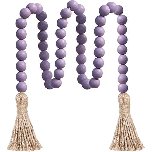 Image of Meplait 39in Wood Bead Garland, Farmhouse Boho Prayer Beads Wall Hanging Home Decor with Tassels (Purple)