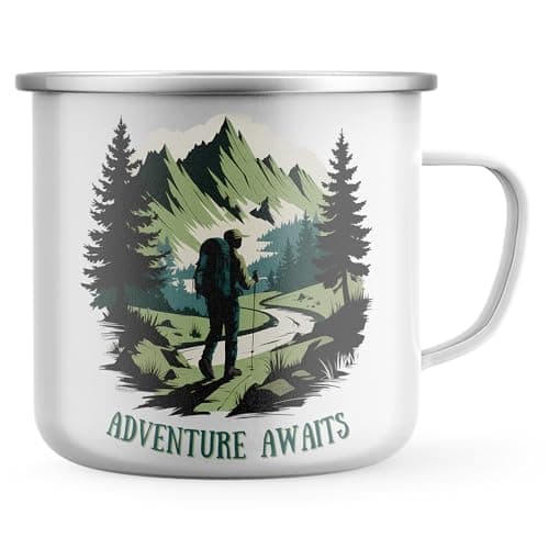 Image of Purple Print House Enamel Mug for Hikers - Adventure Awaits Hiking Metal Tea Coffee Cup - Mens Womens Outdoor Lover Gift