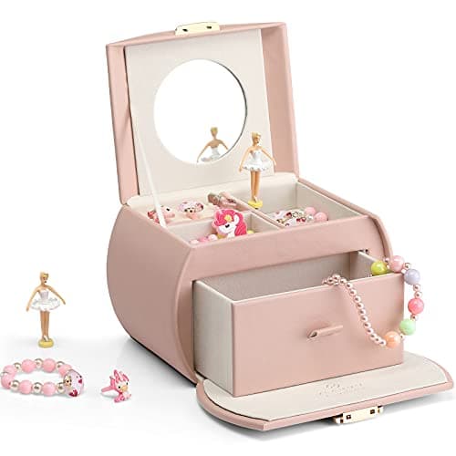 Image of VLANDO Girls Jewellery Box with Drawer, Music Box with Ballerina and Stickers for Bedroom Decor, Gifts for Girls Kids, Pink