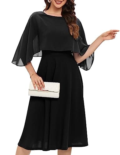 Image of Fynadressr Women Plus Size Cape Dress with Chiffon Overlay Cocktail Party Wedding Guest Formal Dresses Black XL