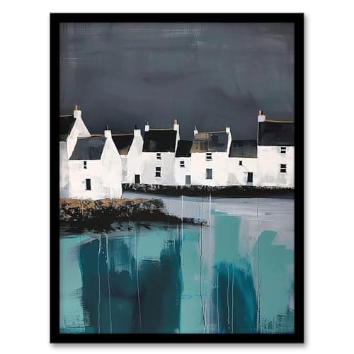 Image of Artery8 Scottish Coastal Village Oil Painting Grey Sky Living Room Artwork Framed Wall Art Print A4