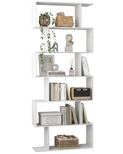 Image of Yusong Bookshelf 6-Tier, Geometric Bookcase S Shaped Book Shelves for Bedroom, Modern Wood Decorative Display Shelf Tall Book Case for Home Office, White,27.8" W x 9.4" D x 74" H