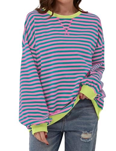 Image of TERIVEEK Women Oversized Striped Color Block Long Sleeve Crew Neck Casual Loose Sweatshirt Y2K Shirt, Pink, L