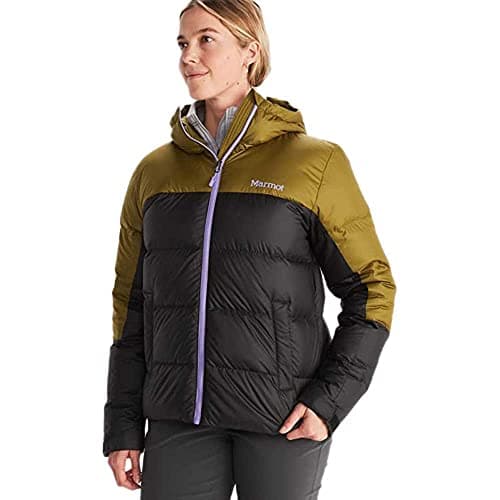 Image of Marmot Women Wm's Guides Down Hoody, Warm Down Jacket, Insulated Hooded Winter Coat, Windproof Down Parka, Lightweight Packable Outdoor Jacket, Black/Military Green, M