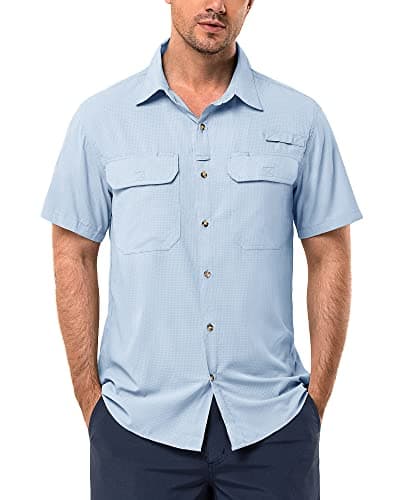 Image of 33,000ft Men's UPF 50+ UV Protection Short Sleeved Shirts Quick Dry Button Down Shirts Cooling Hiking Shirt for Travel Safari Fishing Light Blue L