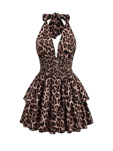 Image of GORGLITTER Women's Leopard Print Dress Halter Neck Summer Going Out Swing Mini Dress V Neck Tie Backless Ruffle A Line Vacation Dresses Brown XS
