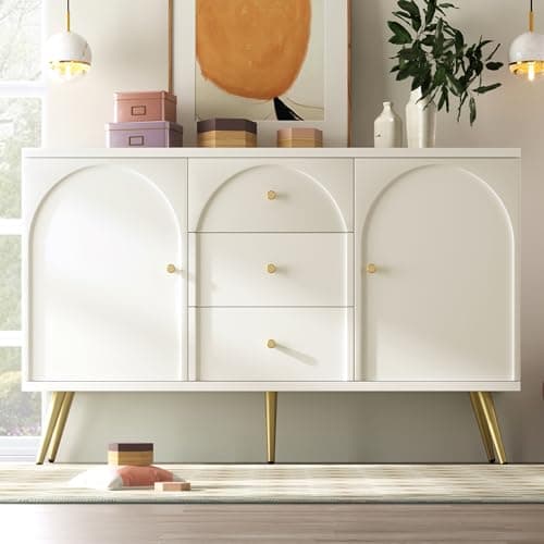 Image of BTM Sideboard Cabinet for Living Room, Chest of Drawers with 2 doors and 3 drawers, Adjustable shelf, Cream White, 40D x 140W x 84H CM
