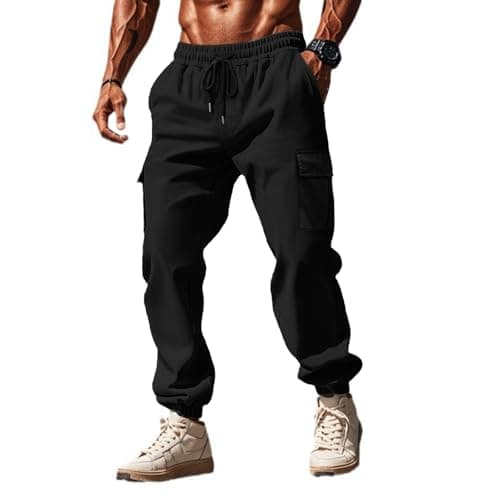 Image of Halfword Mens Cargo Joggers Baggy Trousers Slim Fit Sweatpants Sports Tracksuit Bottoms Casual Jogging Bottoms Black 2XL