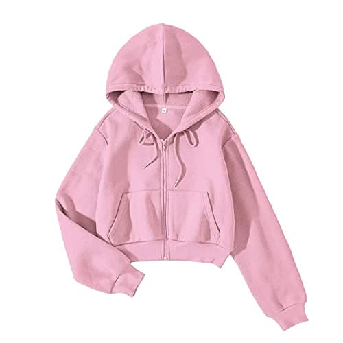 Image of LOFAAC Women Fleece Full Zip Up Cropped Hoodie Sweatshirt 90s Long Sleeve Drawstring Hooded Crop Jacket Top with Pockets, Pink, S