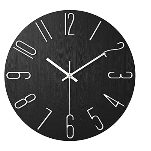 Image of ALEENFOON 12 Inch Round Non-ticking Wall Clock, 3D Large Number Modern Quartz Silent Frameless Ultra Thin Wood Grain Wall Clocks for Home Living Room Office Kitchen School (Black)