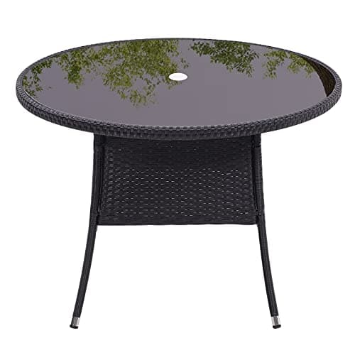 Image of The Fellie Patio Table Garden Rattan Table Tempered Glass Tabletop 105cm Round Coffee Tables Outdoor Bistro Tables with Umbrella Hole,Black