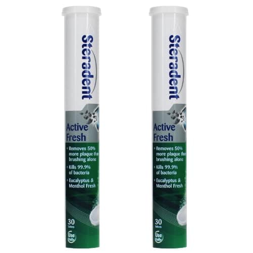 Image of Steradent Active Fresh Denture Cleaning Tablets 60 - Pack of 2 | Removes Stains, Plaque & Tartar | Antibacterial Effervescent Tablets for Dentures, Retainers, Mouth Guards