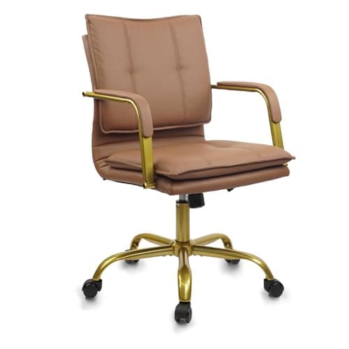 Image of CLATINA Leather Home Office Chair Adjustable Height Executive Chairs with Padded Armrest, Swivel Mid-Back Computer Desk Chair with Gold Legs, Comfy Upholstered Task Chair with Wheels, Brown