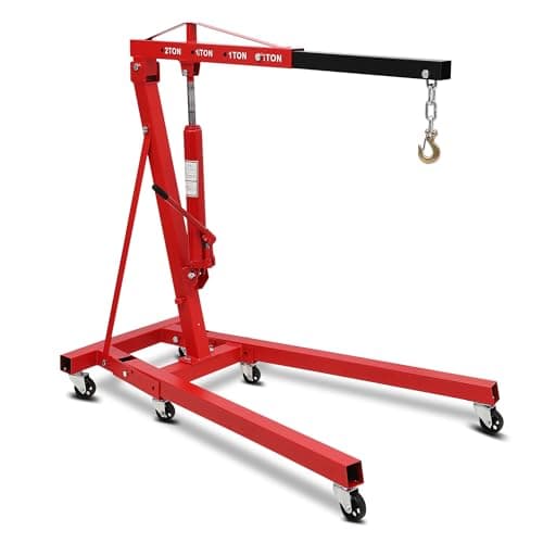 Image of 2 Ton Folding Engine Crane Hoist, Heavy Duty Hydraulic Hoist Lift with 8 Ton Hydraulic Cylinder, 360° Rotating Wheels, 4 Adjustable Holes, Foldable Storage & 6 Swivel Casters for Garage, Workshop