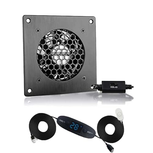 Image of BRIEFCEC 80mm USB Fan with Digital Display, Temperature Control, Quiet System, 5V, Modern Brushed Black Aluminium Frame for Home Cinema AV Cabinet, Pet Cave (Pack of 1)
