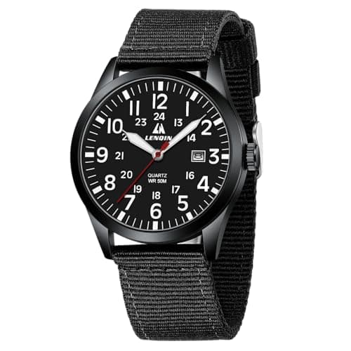 Image of LN LENQIN Mens Watches Military Watch Field Watch Analog Quartz Watches for Men Luminous Army Tactical Outdoor Sports Waterproof Men's Wrist Watches with Date and Nylon Strap (All Black)