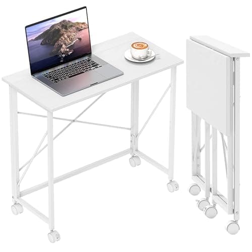 Image of HOMCOM Small Folding Desk, 80 cm Foldable Computer Desk on Wheels for Small Space, Easy Assembly, Space Saving Writing Table for Home Office, Bedroom, White