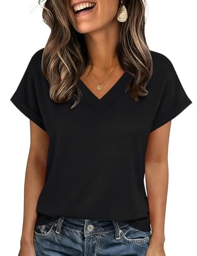 Image of Zeagoo Womens Tops V Neck T Shirts Ladies Short Sleeve Casual Summer Tshirt Solid Color Loose Tee Black L