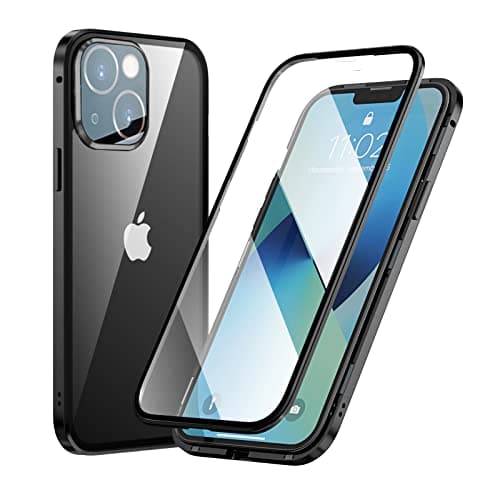 Image of MIMGOAL Case for iPhone 13 Mini, Magnetic Metal Bumper 360 Degree Full Body Protective Case with Front and Back Transparent Tempered Glass Crystal Clear Cover for iPhone 13 Mini 5.4", Black