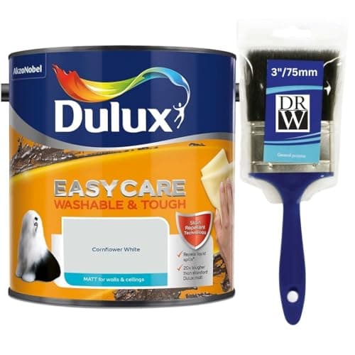 Image of Cornflower White Dulux Easycare Matt Emulsion Paint 2.5L + 3" Emulsion Paint Brush – Washable & Stain Resistant, Durable Matt Finish, Quick Dry, Low Odour Interior Wall & Ceiling Paint