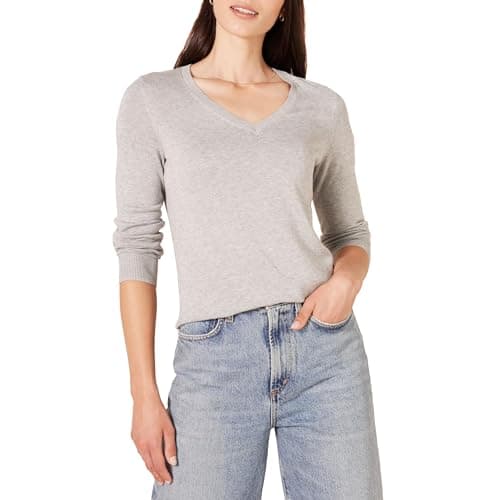 Image of Amazon Essentials Women's Regular-Fit Lightweight V-Neck Long-Sleeve Jumper (Available in Plus Size), Light Grey Heather, L