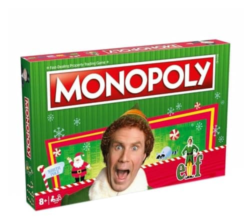 Image of Winning Moves Elf Monopoly Board Game, Choose your festive token and advance to Santa's Workshop and Empire State Building, Save Christmas and reap the rewards, for ages 8 plus