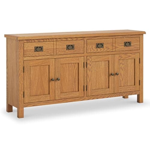 Image of Surrey Oak Extra Large Sideboard Cabinet for Living Room | Roseland Furniture Waxed 4 Door Solid Wooden Storage Cupboard with 2 Drawers for Hallway or Dining Room | Fully Assembled