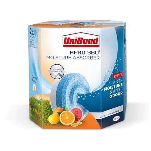 Image of UniBond AERO 360° Moisture Absorber Citrus Refill Tab, Aromatherapy, Ultra-Absorbent and Odour-Neutralising, for AERO 360° Dehumidifier, Condensation Absorbers, Twin Pack (2 x 450g)