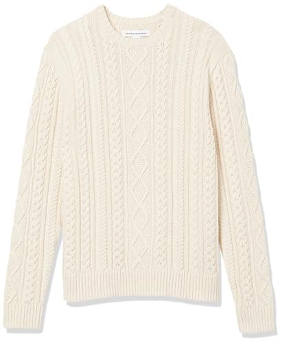 Image of Amazon Essentials Men's Long-Sleeve 100% Cotton Fisherman Cable Crewneck Jumper, Off-White, XS