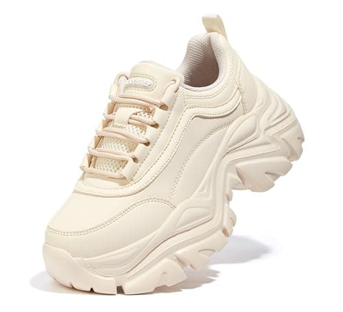 Image of LUCKY STEP Women Chunky Sneakers Fashion Platform Leather Casual Dad Shoes Comfortable Wedge Walking Sport Sneakers (Beige, 8US-38EU-5UK)