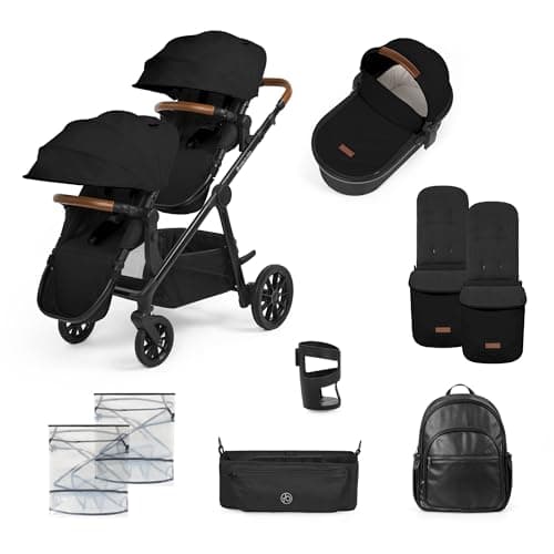 Image of Ickle Bubba Virgo Growing Family 11 Piece Pram – Single to Double Tandem Pushchair with Carrycot, Footmuffs, Rain Covers & Accessories, Suitable from Birth (Black)