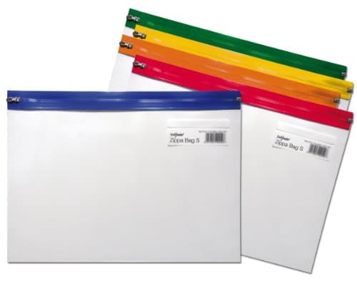 Image of Snopake A4 Zippa-Bag ‘S’ Classic with Write-On Label [Pack of 5] 325 x 235 mm – Transparent/Assorted Zip Strips [Ref: 12796]
