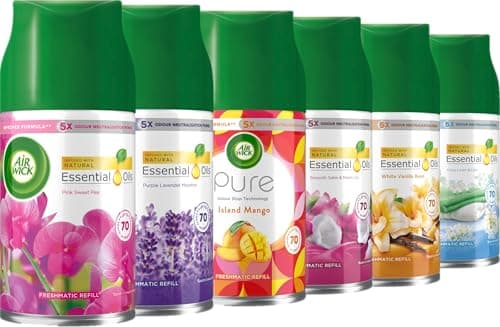 Image of Air Wick Automatic Air Freshener Freshmatic Spray Refills: Crisp Linen & Lilac, Island Mango, Pink Sweet Pea, Purple Lavender Meadow, Satin & Moon Lily, White Vanilla Bean - Mixed fragerence 6 x 250ml