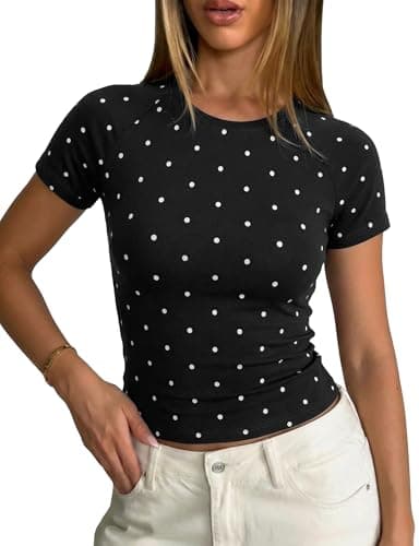 Image of Fengbay Women's T Shirts, Polka Dot T Shirts for Women Short Crew Neck Top Featuring Vintage Minimalist Girl Commuting Leisure Casual Summer Black
