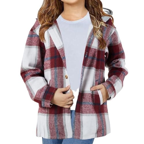 Image of Xumplo Girls Long Sleeve Flannel Shirt Jacket Kids Button-Down Plaid Tops Clothing Tween Girls Casual Hooded Shacket Coat with Pocket Red 10-12 Years