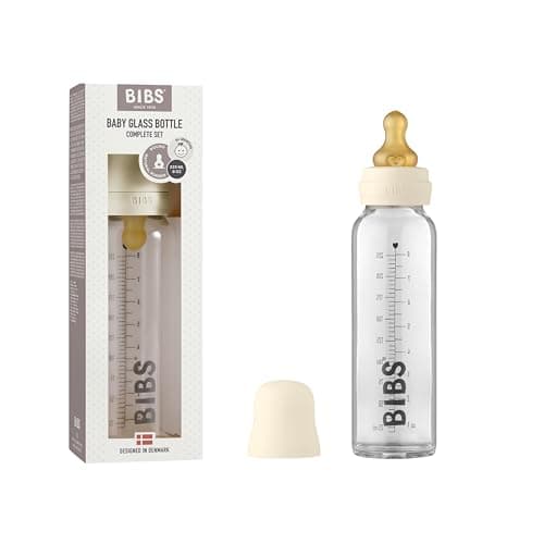 Image of BIBS Baby Glass Bottle. Anti-Colic. Round Natural Rubber Latex Teat. Supports Natural Breastfeeding, Complete Set - 225 ml, Ivory