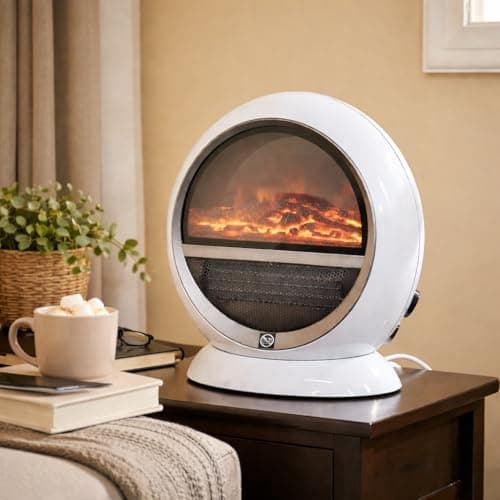 Image of Marco Paul 1500W White Free Standing Electric Fireplace Heater with Realistic LED Flame and Log Effect Energy Efficient Low Energy Silent Mains Powered Fan Space Heater for Home