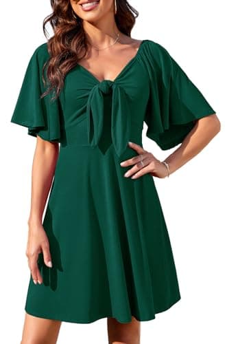 Image of Actcat Women's Summer Dresses 2024 Deep V-Neck Elegant Mini Dress with Bow Tie Dark Green Dresses S