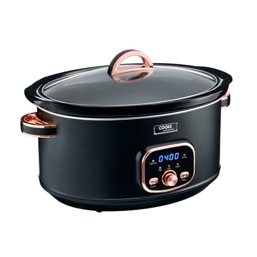 Image of Cooks Professional Digital Slow Cooker 6.5L with Glass Lid, Cool Touch Handles, Dishwasher Safe Bowl, 2 Heat Settings & Keep Warm & Delay Functions | Large One Pot Cooking Machine | Black & Rose Gold