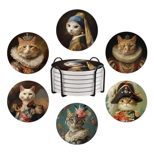 Image of Funny Cat Coasters for Drinks, Ceramic Coasters for Drinks, Set of 6 Drink Coasters with Metal Holder, Absorbent Round Non-Slip Drink Coffee Bar Mug Cup Coaster Decoration Gifts
