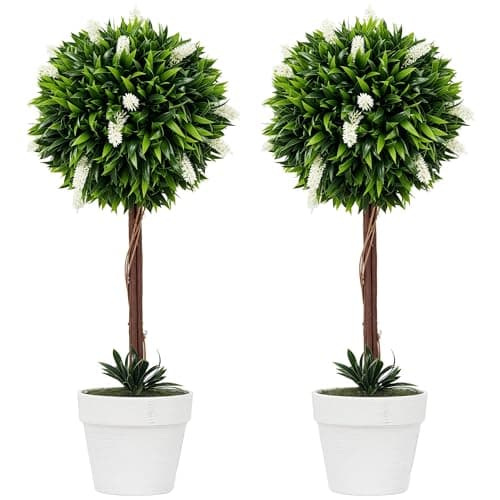 Image of HOMCOM Set of 2 Decorative Artificial Plants Ball Trees with Lavender Flowers in Pot Fake Plants for Home Indoor Outdoor Decor, 60cm, White