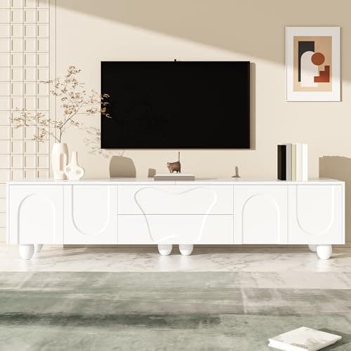 Image of ModernLuxe TV Unit with 4 Doors & 2 Drawers, Stylish TV Stand Cabinet with Wooden Legs, Ample Storage Space, Unique Minimalist and Elegant Entertainment Center for Living Room, White, 180 × 40 × 42 cm