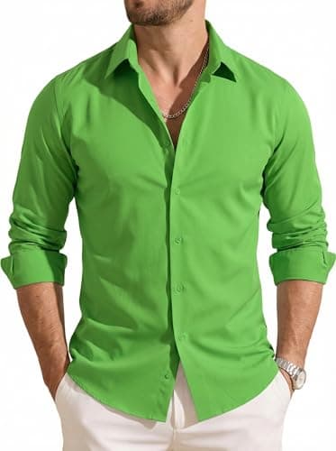 Image of Barry.Wang Men's Button Down Shirt Long Sleeve Regular Fit Stretch Solid Formal Casual Business Vacation Green Shirts