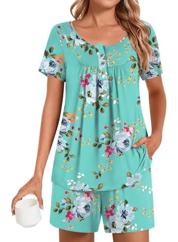 Image of Bestbee Womens Pyjamas Set Plus Size, 2 Piece Sleep Set Henley Neck Short Sleeve Short Pant With Pockets Ladies Pjs Set, 2XL, Mint Green