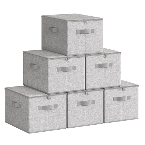 Image of SONGMICS Foldable Storage Organiser Boxes, Storage Basket Bins with Lids, Handles, Clothes Organiser, Non-Woven Fabric, Set of 6, 40 x 30 x 25 cm, Dove Grey RZB003W02