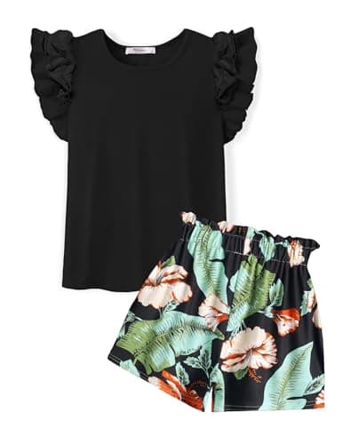 Image of Arshiner Clothing Sets for Girls Black Sleeveless T-Shirt Shorts Two Piece Set Kids Leisure Suit Fashion Outfit Summer Clothes with Pockets 11-12 Years